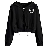 Damen Hoodie Gedruckt Patchwork Sweatshirt Langarm Crop Tops Bluse Kapuzenpullover Gothic Casual Lose Frauen Bauchfreie Kapuzenpulli Sportoberteile Streetwear Mode Kurz Sweatjacke Zip Kapuzenjack