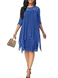 Minetom Damen Kleider Elegant Spitzenkleid 3/4 Ärmel Cocktailkleid Rundhals Knielang Rockabilly Kleid Blau 48