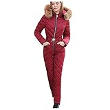 FNKDOR Overall Winterjacke Damen Outdoor Wasserdicht Skijacke One-piece Daunenjacke Steppjacke Zipper Parka mit Fellkapuze und Gürtel Rot L