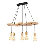 NEGH Retro Hängelampe aus Holz überlappend, Holzscheiben Pendelleuchte in Naturfarben - Esstisch-Lampe im Massivholz - Deko Baumscheibe Pendellampe - 5-Flammig Hängeleuchte - E27 Fassung - Max.60W