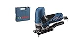 Bosch Professional Stichsäge GST 90 E (650 Watt, 1x Sägeblatt, Absaug-Set, Spanreißschutz, Schnitttiefe in Holz: 90 mm, im Koffer)