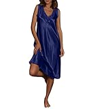 shownicer Nachthemd Damen Satin Nachtkleid Lang Vintage Elegant Kurzarm Tiefer V-Ausschnitt Blumenspitze Sleepwear Negligee Nachtwäsche Lang Kleid B Blau L