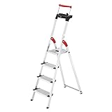 Hailo L85 ComfortLine Alu-Sicherheits-Stehleiter | 4 XXL-Stufen belastbar bis 150 kg | tiefe Standfläche & Haltegriff |Stehleiter mit Ablage | Aluleiter made in Germany | Leiter rostfrei | silb