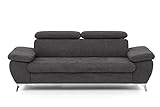 Mivano 3er-Sofa Gisele / Sofagarnitur mit Kopfteilverstellung und Armteilfunktion / 217 x 83 x 100 / Velours, Graub