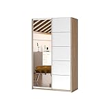 Kleiderschrank Schwebetürenschrank mit Spiegel 2-türig Schrank mit Einlegeböden und Kleiderstange Gaderobe Schiebtüren Fronten mit Aluminium-Deko BxHxT 120x200x55 PAXO Plus 03 ALU 120 Sonoma+Weiß