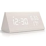 NBPOWER Wecker Digital LED Digitale Uhr Holz,Digitalwecker Tischuhr mit Sprachsteuerung/Snooze/Datum/Temperatur und Luftfeuchtigkeit, für Nachttisch, Schlafzimmer, Nacht Kinder und Büro- Weiß