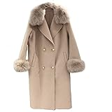 HANTONGHAO Echtpelzmantel Winterjacke Damen Naturfuchspelzkragen Kaschmir Wollmischungen Lange Oberbekleidung Damen Streetwear - Kamelfuchspelz,M