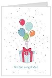 'Du bist eingeladen' Einladungskarte zum Kindergeburtstag für einen Jungen mit Geschenk, bunten Luftballons und Konfetti Klappgrußkarte in blau (Mit Umschlag) (1)