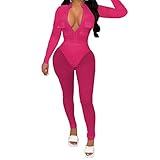 2-teiliges Damen-Set mit langen Ärmeln, einfarbig, Reißverschluss, Brust-Bodysuit, Netzstoff, durchsichtig, elastische Taille, Hose (Rosarot, klein)