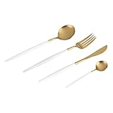 Gabel Löffel Set, 4 Teile/satz Edelstahl Farbige Besteck Set Geschirr Löffel Gabel Messer Geschirr(Weiß + Golden)