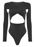 TiaoBug Damen Langarm Body Cut-Outs Wickelshirt und Ouvert Slip mit Knopfleiste Ballettanzug Ballett Trikot Gymnastikanzug Schwarz L