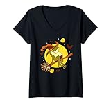 Damen Halloween Vollmond Mond Grafik Design Besen Hexe Frosch T-Shirt mit V
