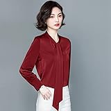 Lässiges Damenhemd - Frühling Und Herbst Damen Satinhemd Casual Büro Damen Langarm Weinrot Bluse Elegante Schleife Schleife Mode Weiches Und Einfaches Outdoor Business Party Geschenk,Rotwein,S