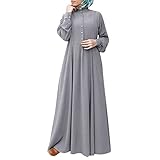 Lazzboy Kleid Damen Frauen Festes Knopf Langarm Lose Langes Moslemische Lange Robe Maxikleid Abaya Islamische Dubai Lang Ramadan Muslimische Muslime Kleidung Ethnisches Vintage Kleider (Grau,L)