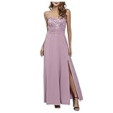 Fcostumer Abendkleid Damen Sexy V-Ausschnitt Cocktailkleid Elegant für Festlich Hochzeit Maxikleid Sexy Ärmellos Strap Ballkleid mit Schlitz Flowy Brautjungfer Kleider Chiffonk