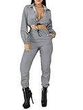 Reflektierende Zweiteilige Set Drawstring Crop Top und Hosen Hip Hop Club Festival Outfit Trainingsanzug Jogger Anzug, Grau, L