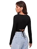 DIDK Damen Crop T-Shirt Top Langarmshirt Tops Slim Oberteil Rundhals Casual Shirts mit Band Hinten Schwarz S