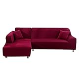 ele ELEOPTION Sofa Überwürfe elastische Stretch Sofa Bezug 2er Set 3 Sitzer für L Form Sofa inkl. 2 Stücke Kissenbezug (Weinrot)