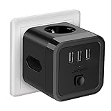 JSVER USB Steckdose Steckdosenleistewürfel, 3 Fach Steckdosenadapter Mehrfachsteckdose(2 Eurosteckdose +1 Schuko)Cube überspannungsschutz 3 USB mit Schalter für Büro, zu Hause oder auf Reisen,Schw
