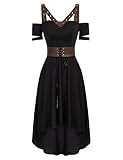 Steampunk Gothic Kleid Kurzarm A Linie mit PU Leather Trägern Hohe Taille Abendkleider Braun XL