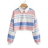 Sweatshirt Crop Damen Bauchfreie Shirt Oberteile Mode Bunt Streifen Tshirt Freizeit Beiläufig Sportshirt Kurzarm Tee Tops Vintage Casual Shirt Hemd Bluse Female Teenager Mädchen Tunika Mit Krag