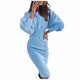 Damen Strickkleid Mode Solide Taille Pullover Sexy Tasche Hüfte Langarm Abend Party Minikleid, blau, L
