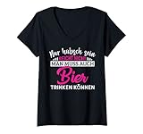 Damen Nur hübsch sein reicht nicht man muss auch bier trinken pink T-Shirt mit V