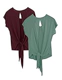 icyzone Damen Rückenfrei Sport T-Shirt Kurzarm Oberteil Yoga Tops Casual Shirt Loose Fit, 2er Pack (M, Wine/Agate Green)