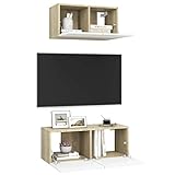 Wohnwand Komplett Set hängend 2 teilig, TV Board Lowboard Fernsehtisch Sideboard Schrankwand modern, 60x30x30cm, Weiß und Sonoma-E