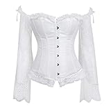 Damen Corsage Vintage Corsett Gothic Bustier Vollbrust Top mit Ärmel Korsett Stahlstäbchen Brokatmuster Vollbrustkorsett Jacke Frauen Steampunk Reißverschluss Goth Stahl Bustiers Korsetts(Weiß.M)