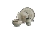 Salt & Pepper, 16-teilig Steingut Geschirr Set, modernes Tafelservice für 4 Personen, Kombiservice im Vintage Design mit 4 Speiseteller, 4 Dessertteller, 4 Tassen und 4 Schüsseln, grün/b
