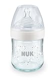 NUK Nature Sense Glas-Babyflasche mit Temperature Control, mit brustähnlichem Silikon-Trinksauger, Größe S, 120ml, BPA frei, weiß