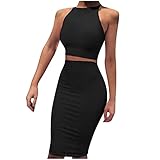 Masrin Damen 2-teiliges Kleid Lässiges einfarbiges Korsett + Enger Rock Ärmelloses Sommer-Etuikleid mit O-Ausschnitt Kurzes figurbetontes Kleid Party Kleid Club-Kleid Cocktailkleid(S,Schwarz)