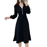 OLMME Frauen V-Ausschnitt Jumper Casual Dress Langarm Strickwaren Pullover Plissee Midi Kleid Elegante Kleider für Frauen, Eine Größe Schwarz/Aprikosen/Khaki(Color:Schwarz)