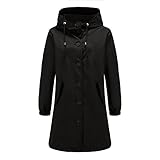 Eternali Reisen PU Regenjacke Damen Oversize Slim Wasserdicht Windbreaker Gefüttert Mit Kapuze Regenmantel Wetterfest Übergangsjacke Tasten Einfarbig Leichte Hoodie Regenponcho für Outdoor R