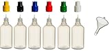6 Stück 50 ml PP-Flaschen MIT FARBIGEN DECKELN + Füll-Trichter - Quetschflasche Leerflasche Kunststofflasche Plastikflasche Spritzflasche quetschbar zum befüllen und mischen auch L