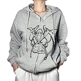 Kookmean Kapuzenjacke mit Reißverschluss für Damen, Herbstkleidung mit Grafik Y2k Sweatshirt Jacke Mantel E-Girl Pullover Streetwear Shirts, grau, 38