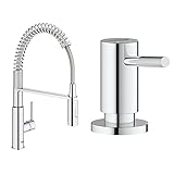 GROHE Get | Küchenarmatur - Einhand-Spültischbatterie, mit herausziehbarer Brause & Magnet | chrom & Cosmopolitan Küchenarmatur Spülmittelspender (für Flüssigseifen, Vorratsbehälter 0,5 L)