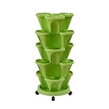 5 Tier Stackable Flowerpot with Universal Wheel Tray, Plastic Smart Planting Pots, Stand Stacking Planters Strawberry Planting Pots, Vertical Gardening Planter Stackable Flower Pot Tower (Green)