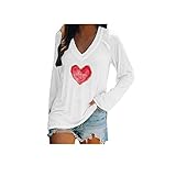 Langarm T Shirt Oberteile Für Damen Früher Frühling Locker Pullover Tunika Tops Elegant V-Neck Liebesdruck Basic Blusenshirt Hemd Bluse Frauen Lange Ärmel Valentinstag Tee Tops(Weiß,M)