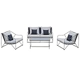 Outsunny 4-TLG. Gartengarnitur Gartenmöbel-Set Gartenliege Gartenset Sitzgruppe mit Couchtisch Sofa mit Kissen Outdoor Metall Grau+Schw