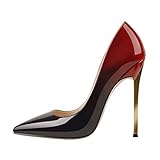 MissHeel Damen Spitze Pumps Absatzschuhe Metallabsatz Glattleder Lack Farbverlauf Rot Schwarz EU 38