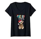 Damen Süßer Teddybär mit Weihnachtsmütze Frohe Weihnachten T-Shirt mit V
