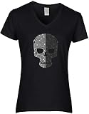BlingelingShirts Damen Fun Shirt Totenkopf kristall und schwarz zweifarbig Skull Shirt Black and White Strass, schwarz, Gr. XL PR