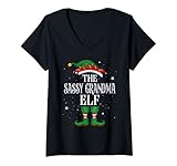 Damen Weihnachtself mit der Familiengruppe, lustig, freche Oma Elfe T-Shirt mit V