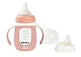 BÉABA, 2-in-1-Trinklernbecher, aus Glas, mit Silikonhülle, robust, gesund, 100 % wasserdicht, abnehmbare Griffe, 210 ml, Old Pink
