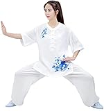 Jiu Bu Damen Tai Chi Uniform,Zen Meditations Anzug Chinesische Sommer Kurzarm Kung Fu Clothing Baumwolle & Leinen Qigong-Kleidung Yoga Anzug Wing Chun.(Bringt einen Fan) White-M