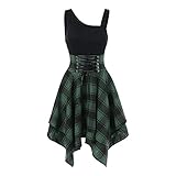 Sommerkleid für Frauen Casual Strandkleider Damen Mode Schnüren Kurzarm Unregelmäßiger Saum Plaid Stitching Kleid Lose Tunika Strapskleider Lose Midi Kleider Ausverkauf Gr. XX-Large, grü