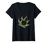 Damen Französische Bulldogge raucht Cannabis T-Shirt mit V