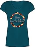 Fussball WM 2022 Fanartikel - EM Team Deutschland Blumen - L - Türkis - em 2021 Fanartikel - XO1525 - Damen T-Shirt mit V